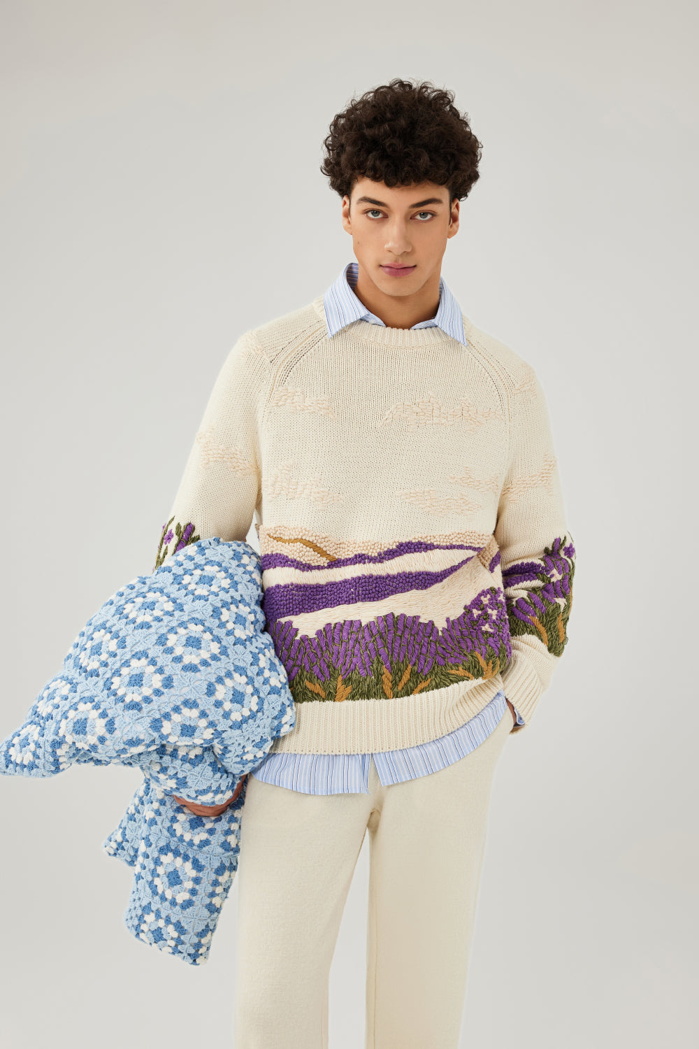 Lavender Field Hand Embroidery Sweater